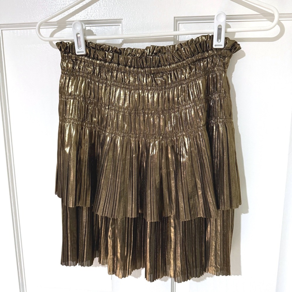 Current Air Metallic Bronze Pleated Tiered Mini Skirt Smocked Waist Gold XS